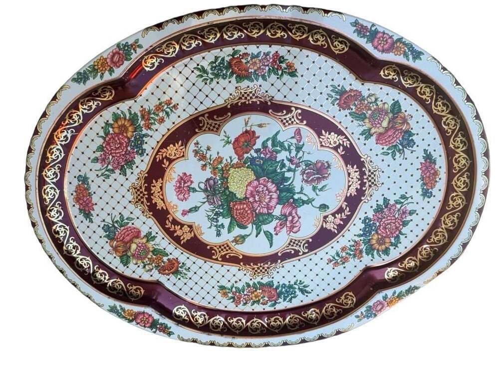 Vintage 1971 Daher Decorated Ware Oval Floral Metal Serving Tray